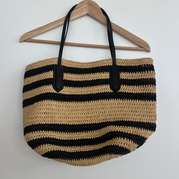 J. CREW Straw Black Striped Tote Shoulder Bag with Leather Strap - Picture 3 of 5